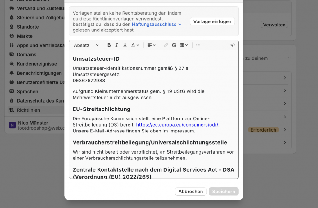 Shopify Impressum Kleinunternehmerregelung vermerken